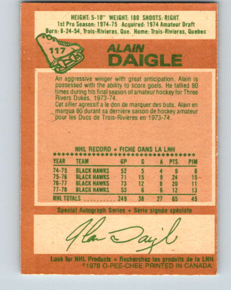 1978-79 O-Pee-Chee #117 Alain Daigle Chicago Blackhawks V22520