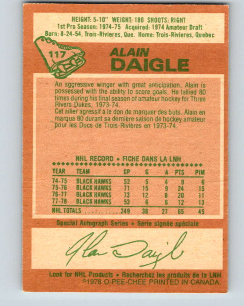 1978-79 O-Pee-Chee #117 Alain Daigle Chicago Blackhawks V22529