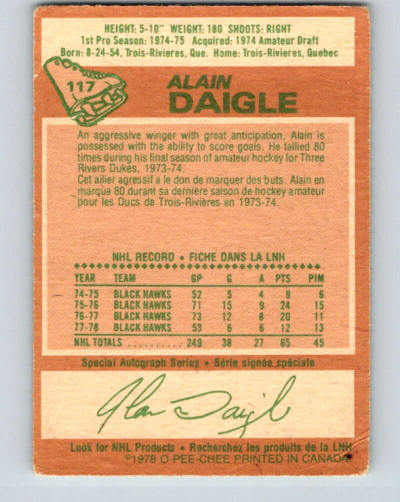 1978-79 O-Pee-Chee #117 Alain Daigle Chicago Blackhawks V22530