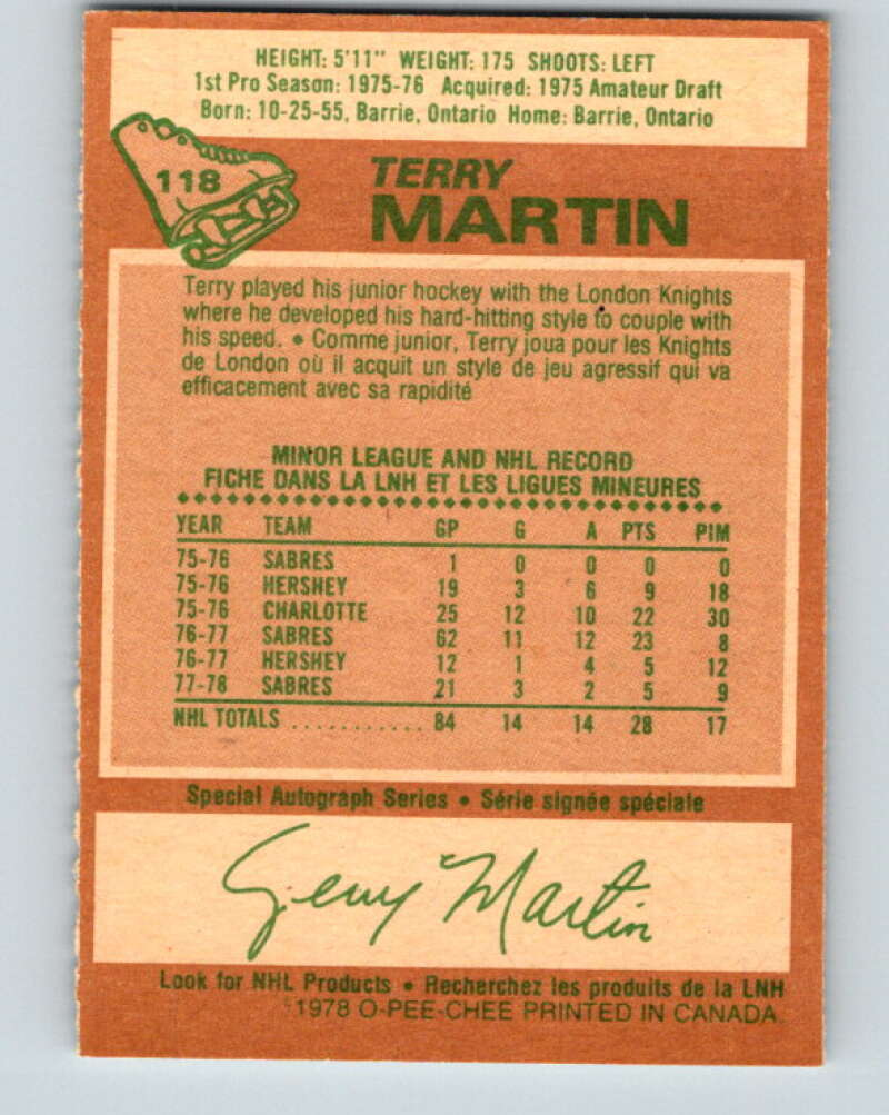 1978-79 O-Pee-Chee #118 Terry Martin Buffalo Sabres V22535