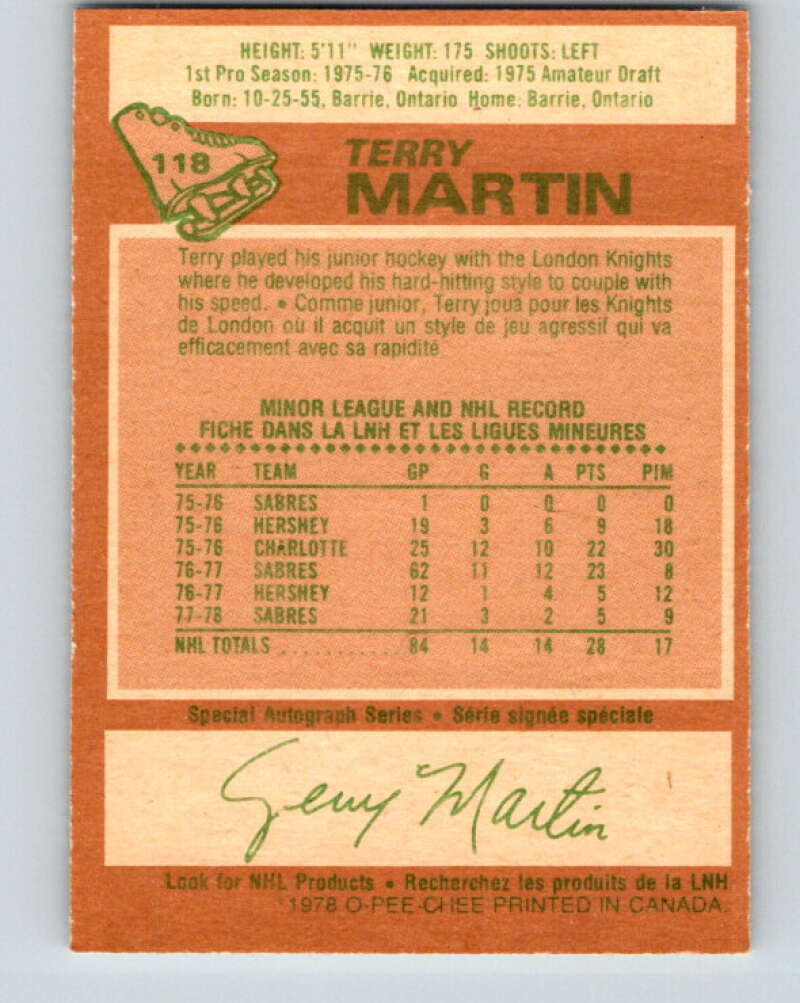 1978-79 O-Pee-Chee #118 Terry Martin Buffalo Sabres V22536