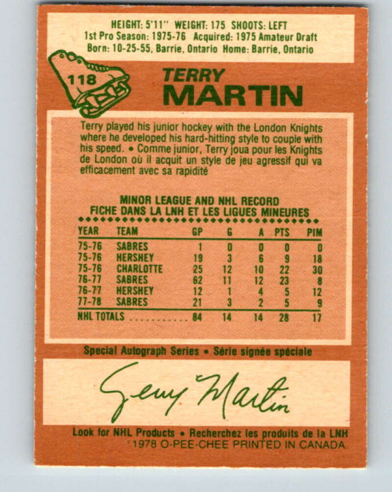 1978-79 O-Pee-Chee #118 Terry Martin Buffalo Sabres V22537