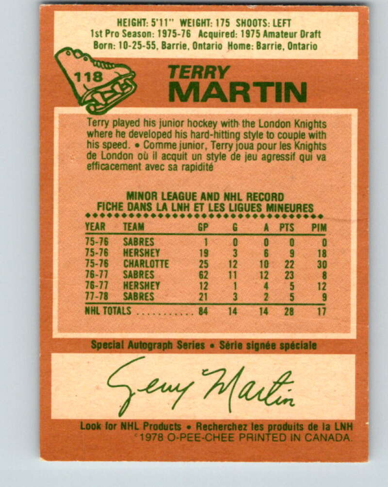 1978-79 O-Pee-Chee #118 Terry Martin Buffalo Sabres V22539