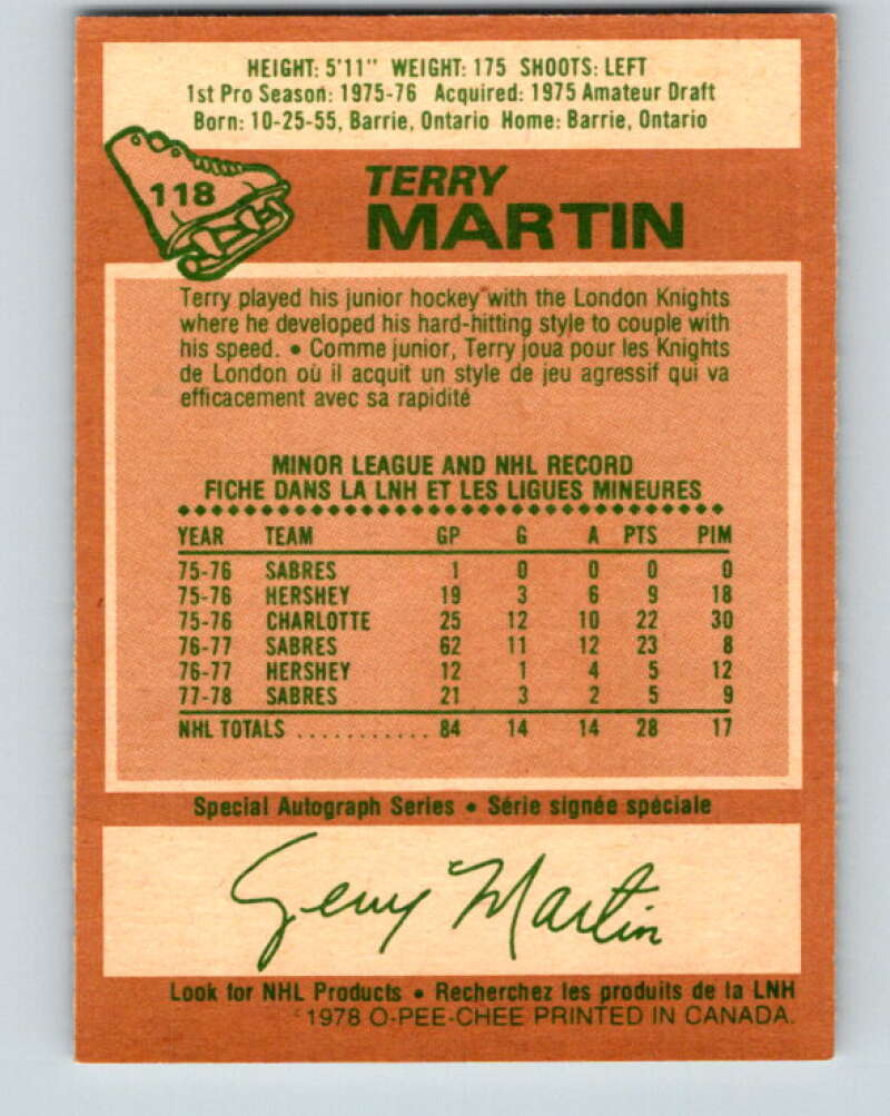1978-79 O-Pee-Chee #118 Terry Martin Buffalo Sabres V22540