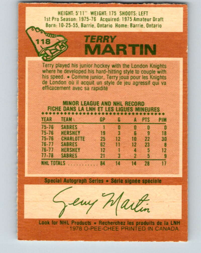 1978-79 O-Pee-Chee #118 Terry Martin Buffalo Sabres V22545
