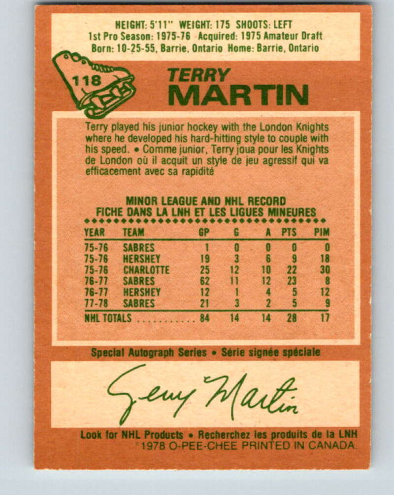 1978-79 O-Pee-Chee #118 Terry Martin Buffalo Sabres V22546