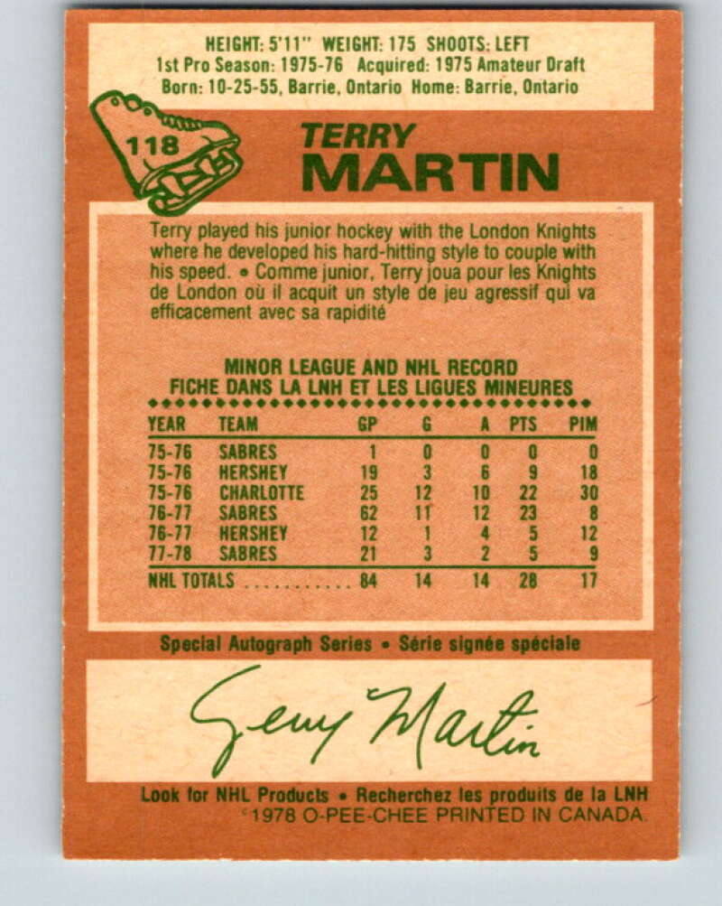 1978-79 O-Pee-Chee #118 Terry Martin Buffalo Sabres V22547