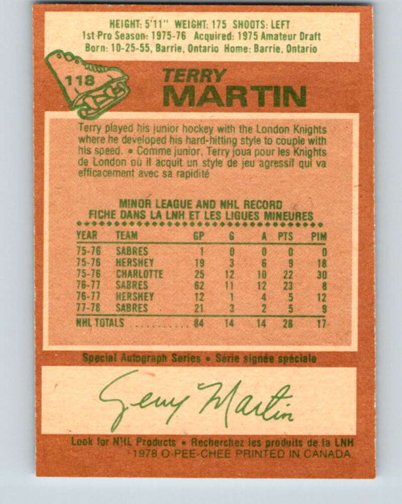 1978-79 O-Pee-Chee #118 Terry Martin Buffalo Sabres V22548