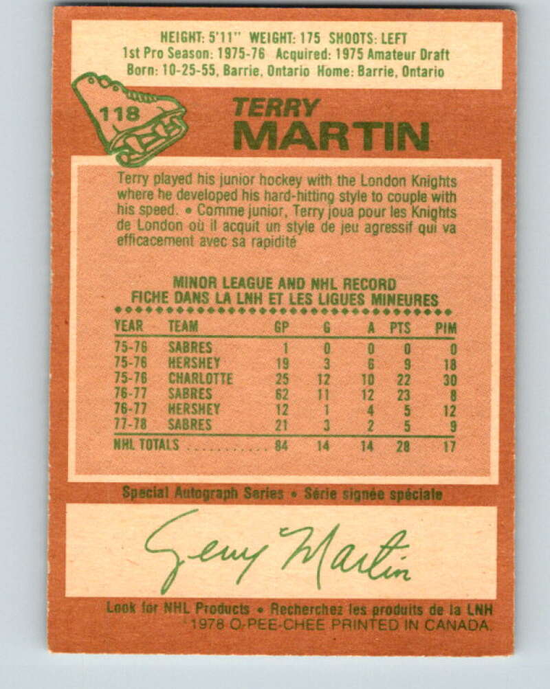 1978-79 O-Pee-Chee #118 Terry Martin Buffalo Sabres V22549