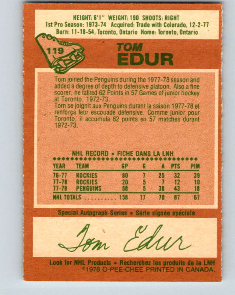 1978-79 O-Pee-Chee #119 Tom Edur St. Louis Blues V22554