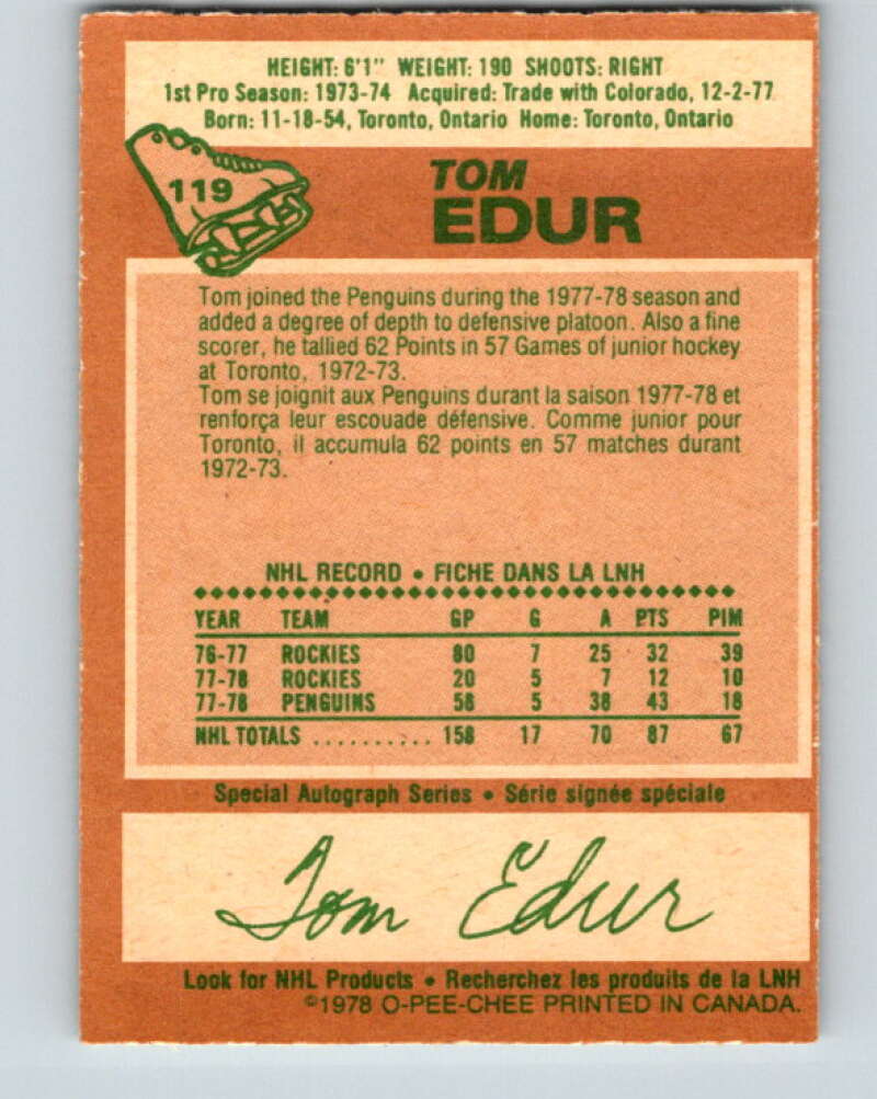 1978-79 O-Pee-Chee #119 Tom Edur St. Louis Blues V22557