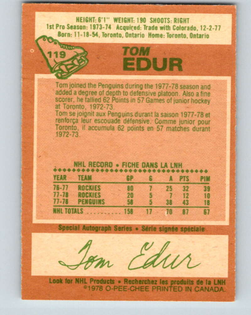 1978-79 O-Pee-Chee #119 Tom Edur St. Louis Blues V22564