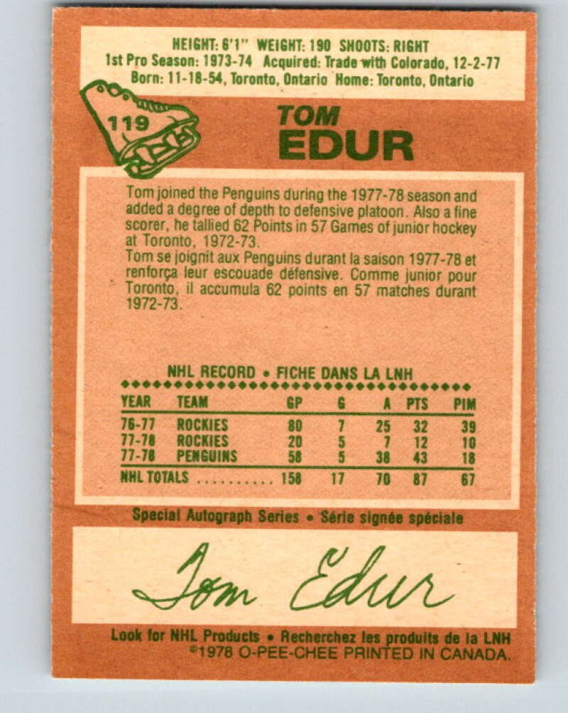 1978-79 O-Pee-Chee #119 Tom Edur St. Louis Blues V22565