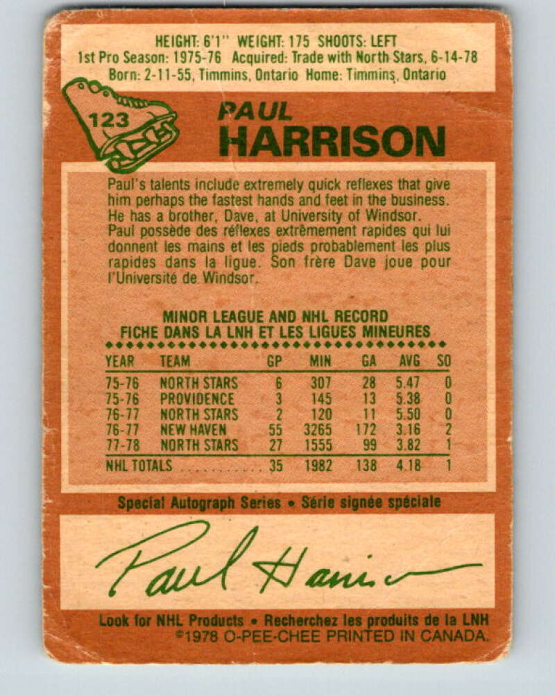 1978-79 O-Pee-Chee #123 Paul Harrison RC Rookie Maple Leafs V22633