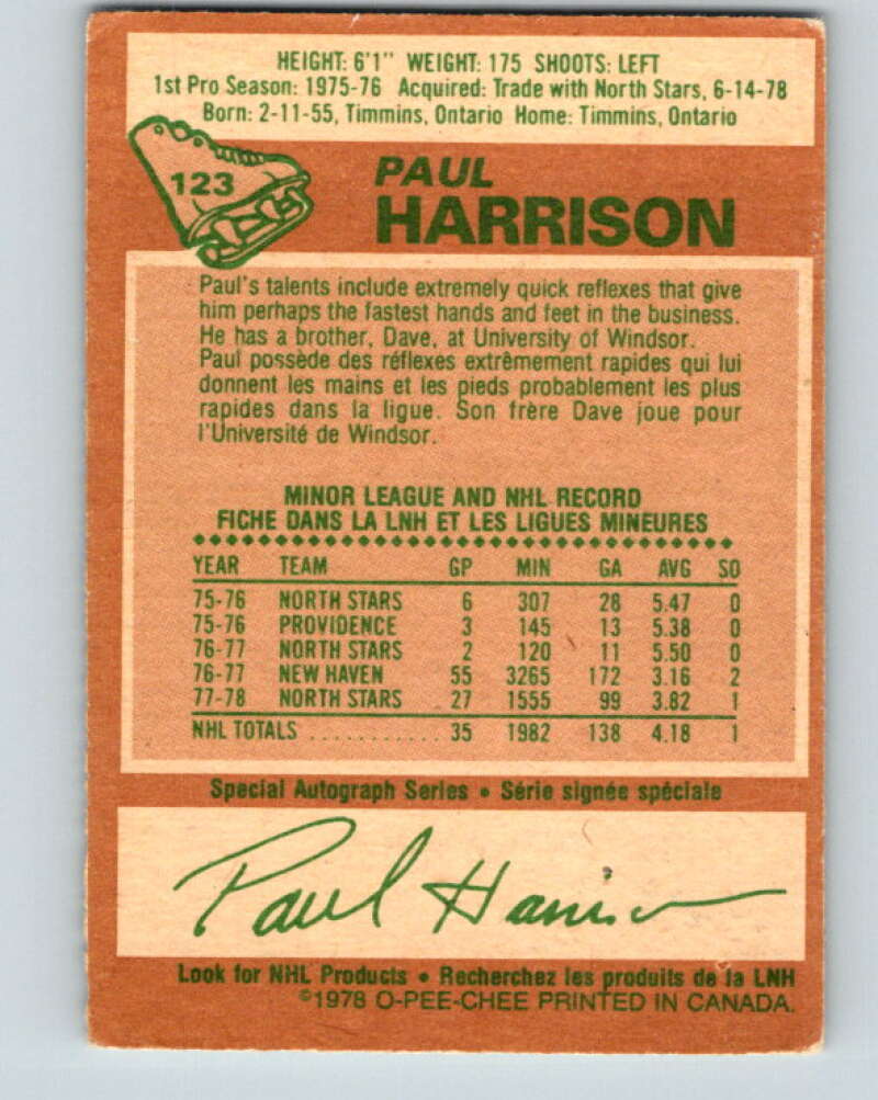 1978-79 O-Pee-Chee #123 Paul Harrison RC Rookie Maple Leafs V22636