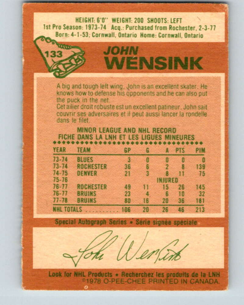 1978-79 O-Pee-Chee #133 John Wensink RC Rookie Boston Bruins V22778