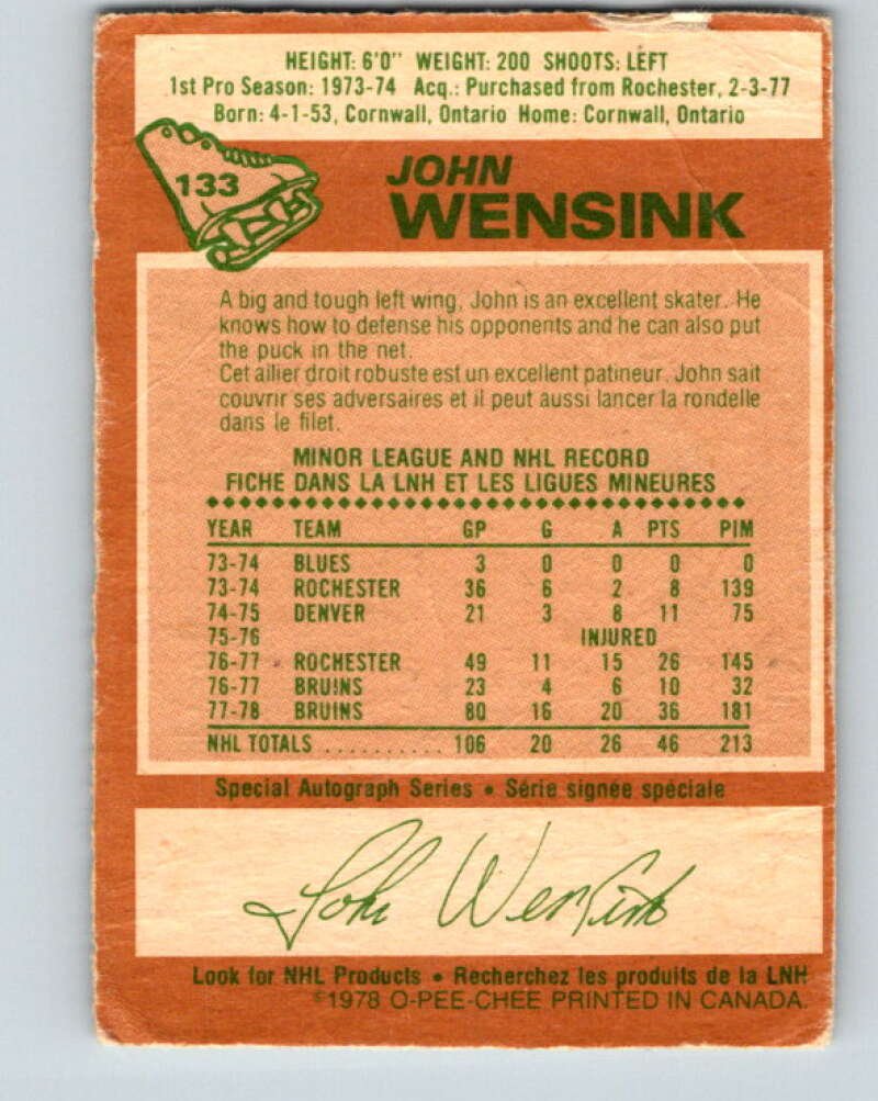 1978-79 O-Pee-Chee #133 John Wensink RC Rookie Boston Bruins V22780
