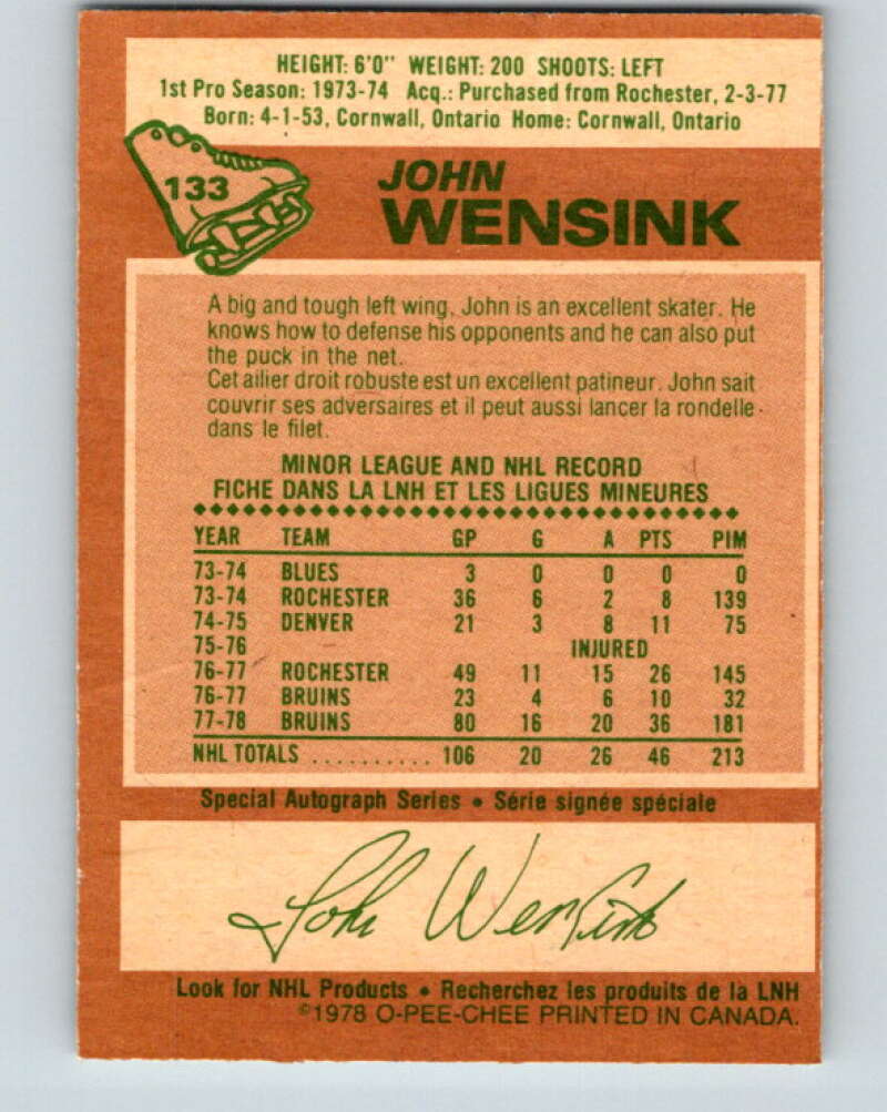 1978-79 O-Pee-Chee #133 John Wensink RC Rookie Boston Bruins V22783