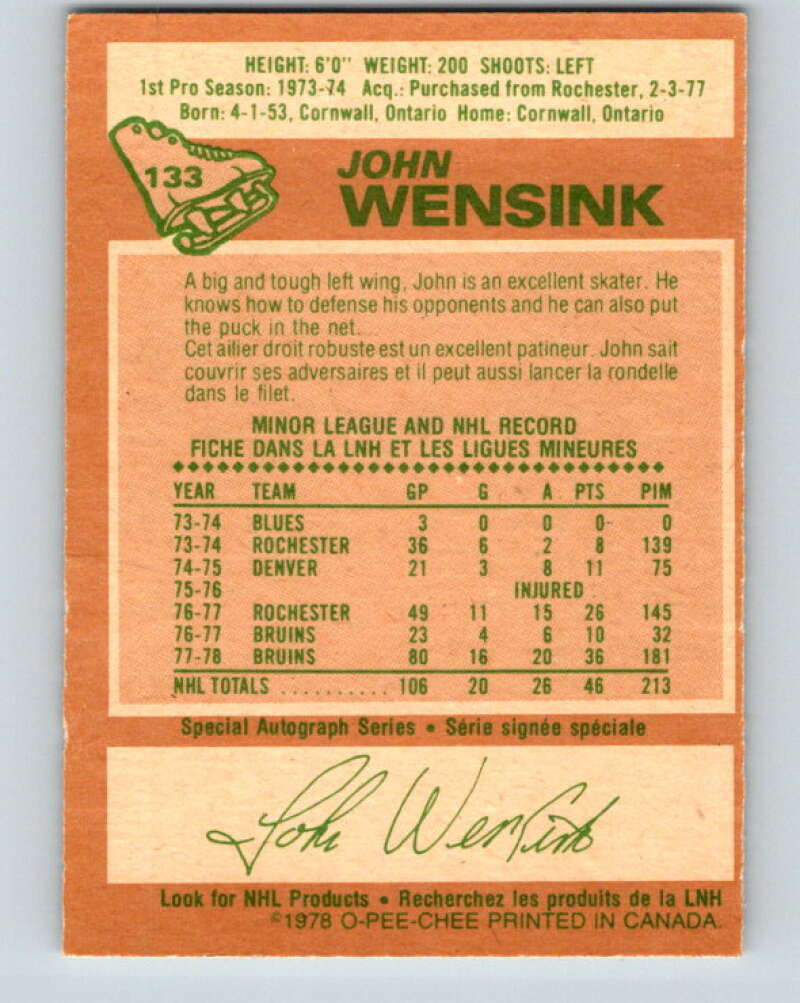 1978-79 O-Pee-Chee #133 John Wensink RC Rookie Boston Bruins V22788