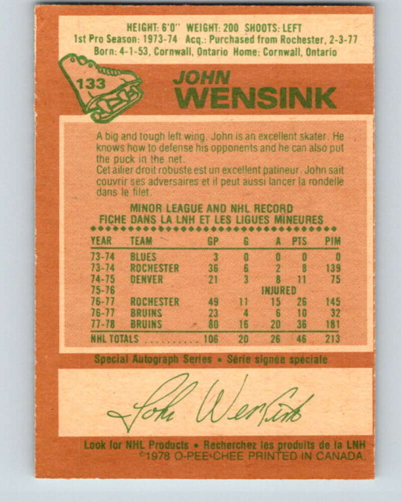 1978-79 O-Pee-Chee #133 John Wensink RC Rookie Boston Bruins V22789