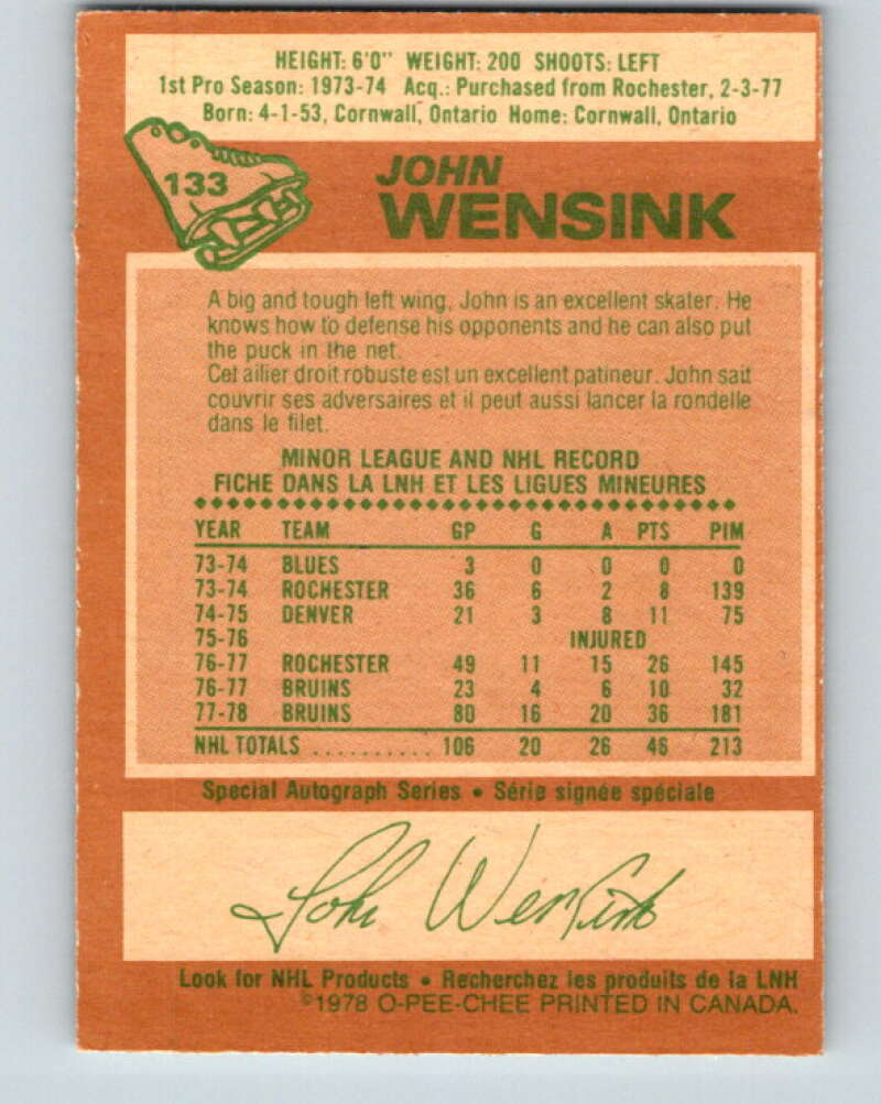 1978-79 O-Pee-Chee #133 John Wensink RC Rookie Boston Bruins V22791