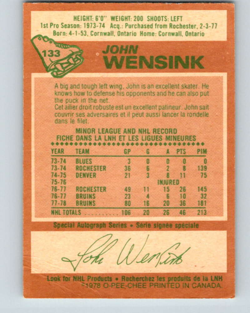 1978-79 O-Pee-Chee #133 John Wensink RC Rookie Boston Bruins V22792