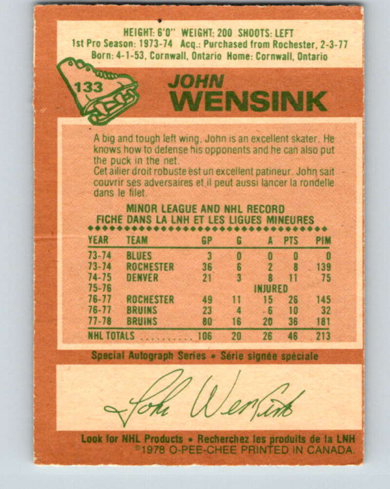 1978-79 O-Pee-Chee #133 John Wensink RC Rookie Boston Bruins V22793
