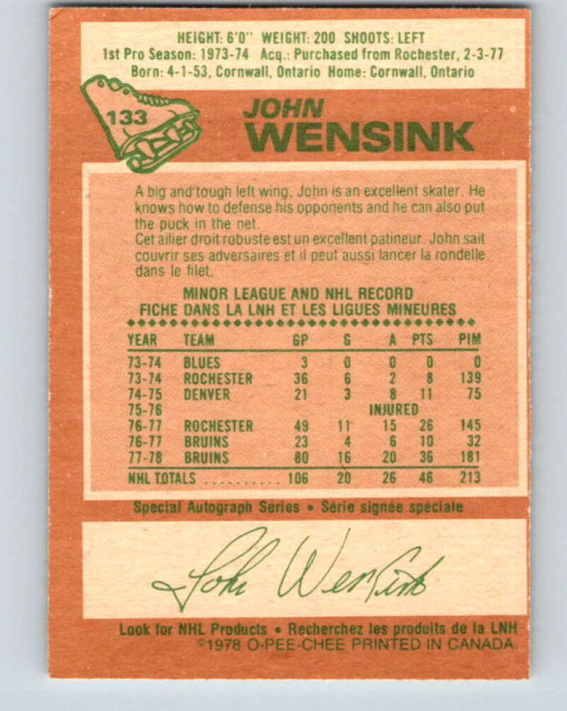 1978-79 O-Pee-Chee #133 John Wensink RC Rookie Boston Bruins V22795
