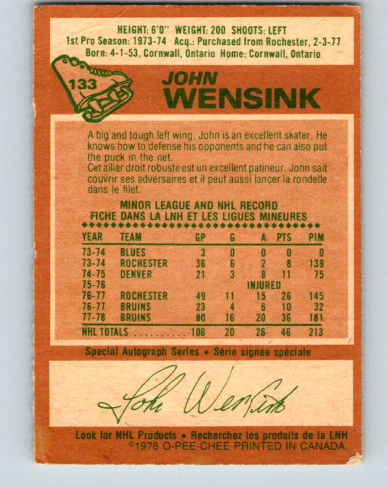 1978-79 O-Pee-Chee #133 John Wensink RC Rookie Boston Bruins V22797