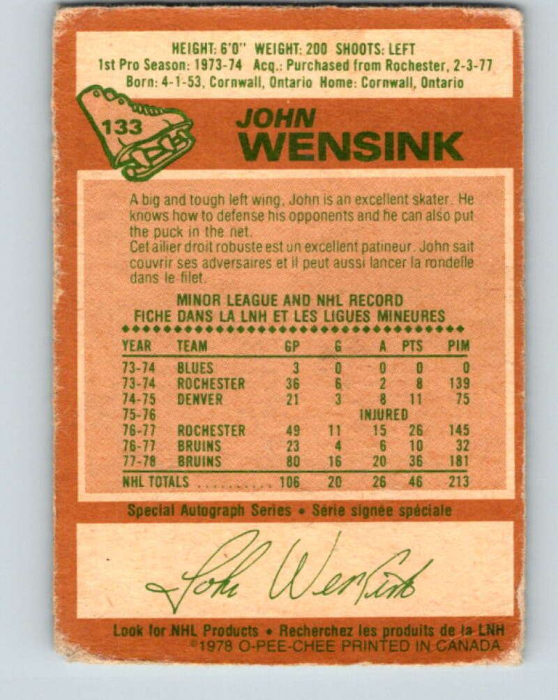 1978-79 O-Pee-Chee #133 John Wensink RC Rookie Boston Bruins V22798