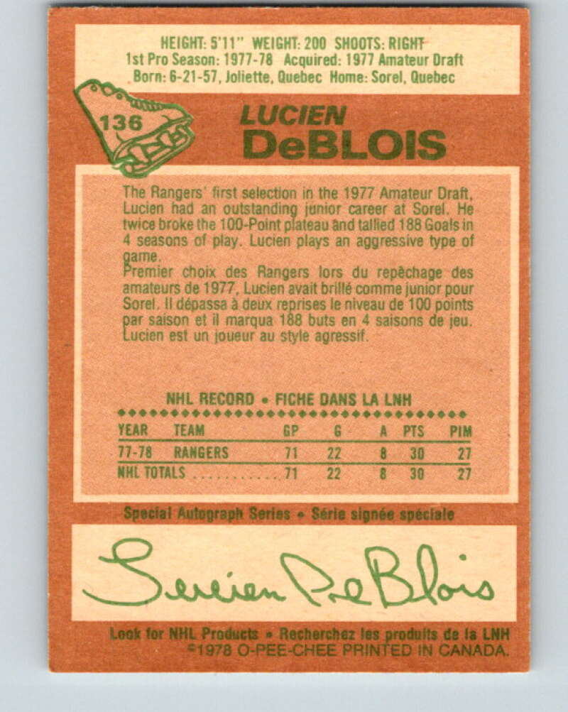 1978-79 O-Pee-Chee #136 Lucien DeBlois RC Rookie Rangers V22817