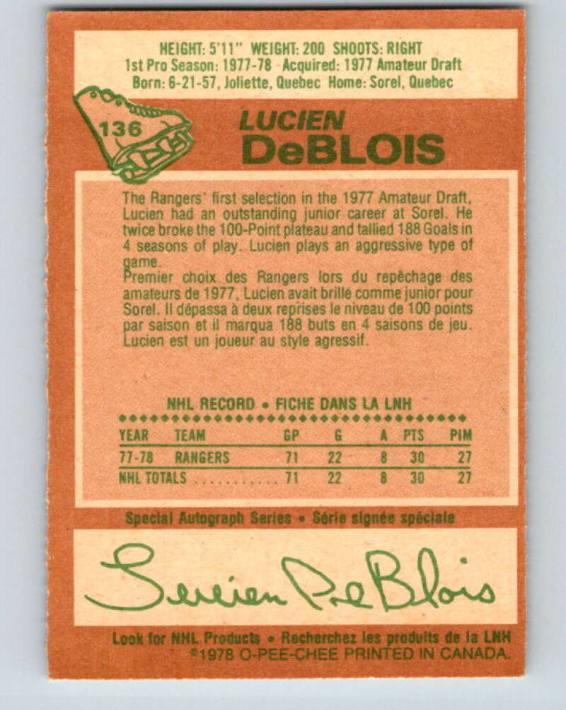 1978-79 O-Pee-Chee #136 Lucien DeBlois RC Rookie Rangers V22819