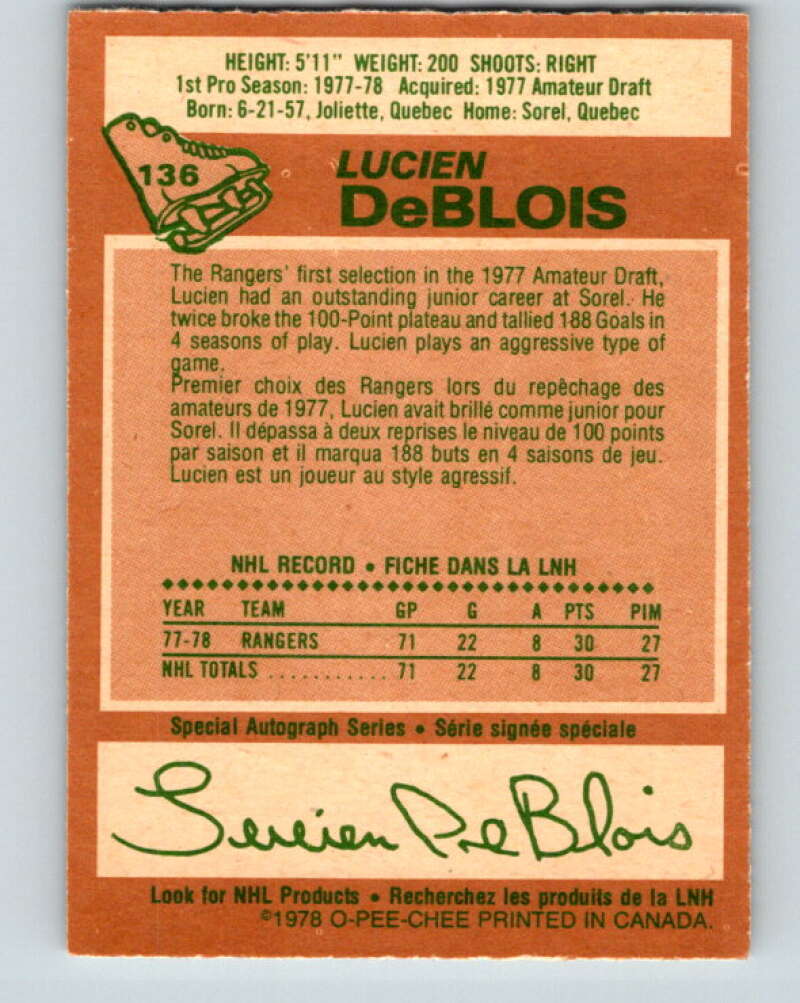 1978-79 O-Pee-Chee #136 Lucien DeBlois RC Rookie Rangers V22820