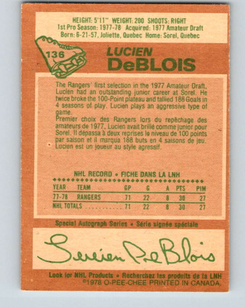 1978-79 O-Pee-Chee #136 Lucien DeBlois RC Rookie Rangers V22821