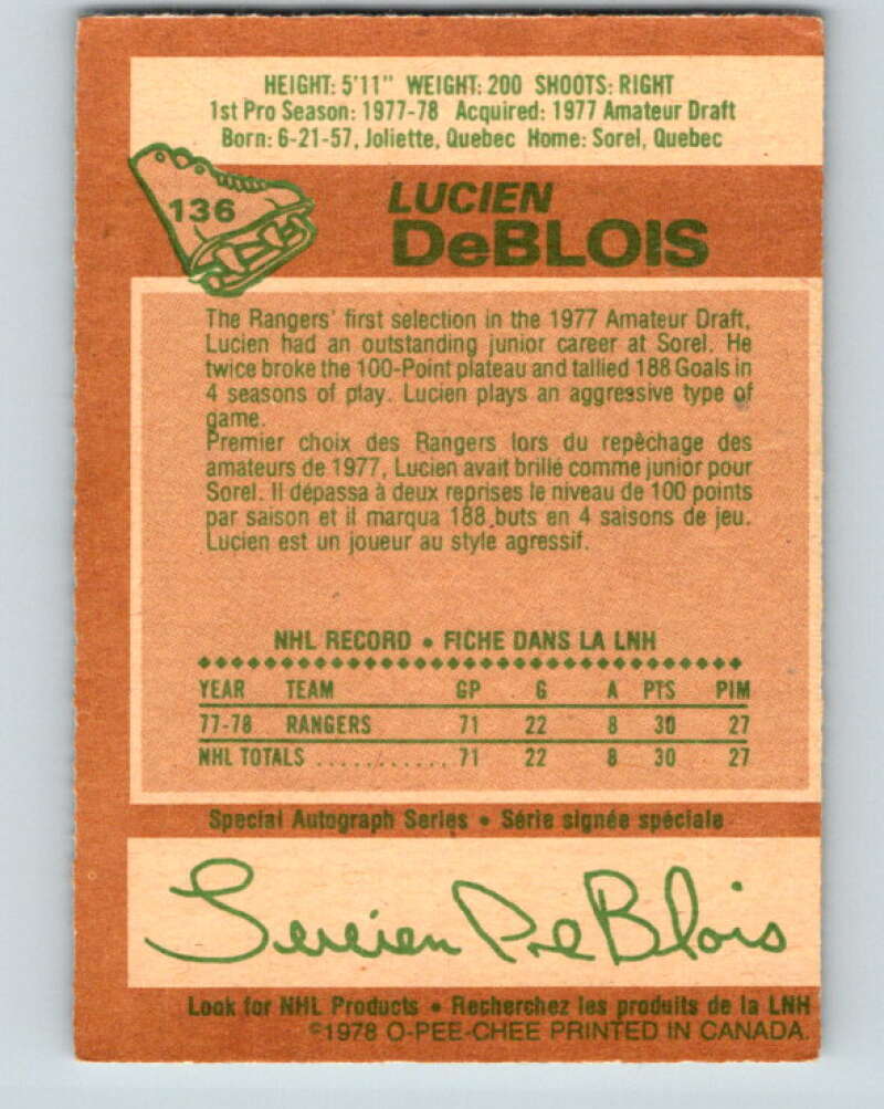 1978-79 O-Pee-Chee #136 Lucien DeBlois RC Rookie Rangers V22824