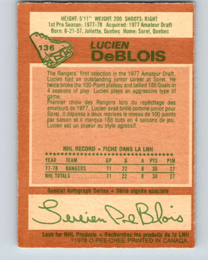 1978-79 O-Pee-Chee #136 Lucien DeBlois RC Rookie Rangers V22825