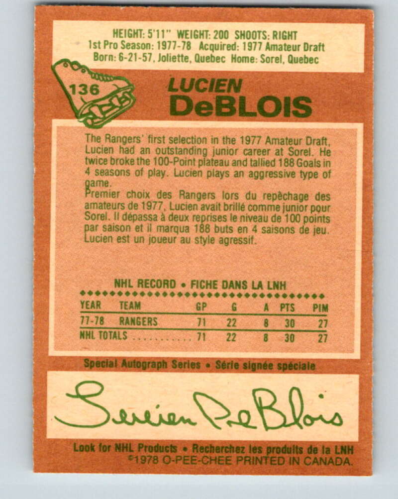 1978-79 O-Pee-Chee #136 Lucien DeBlois RC Rookie Rangers V22826
