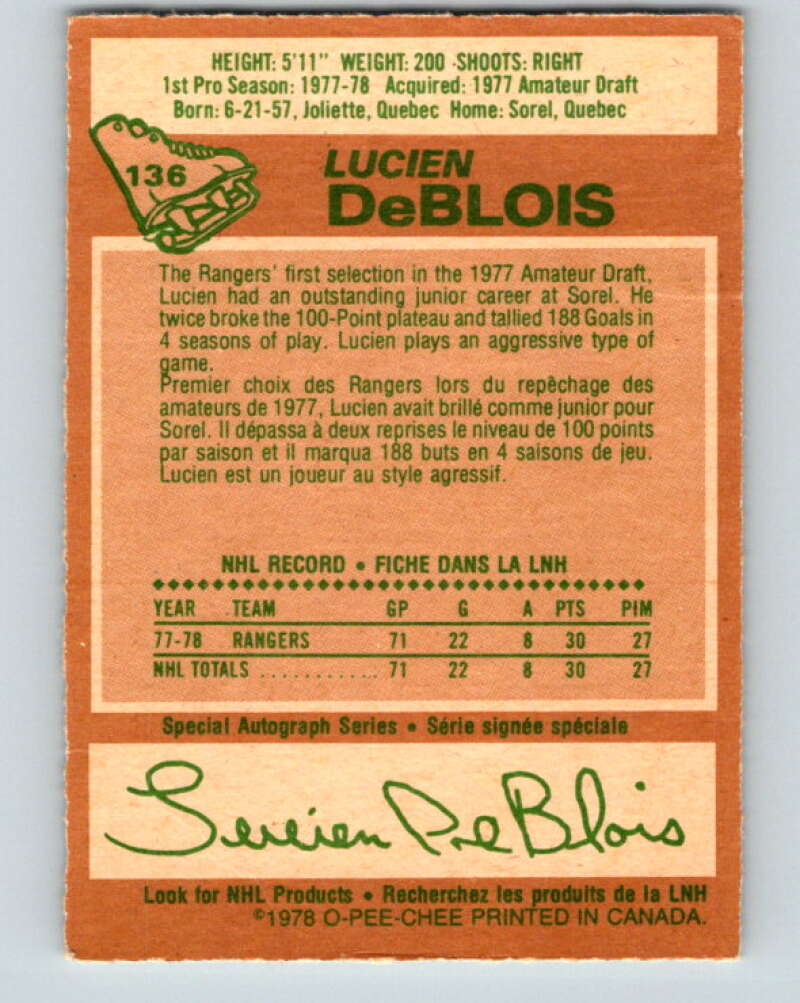 1978-79 O-Pee-Chee #136 Lucien DeBlois RC Rookie Rangers V22827