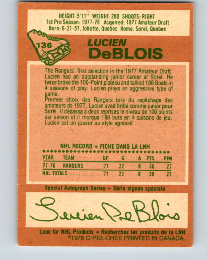 1978-79 O-Pee-Chee #136 Lucien DeBlois RC Rookie Rangers V22828