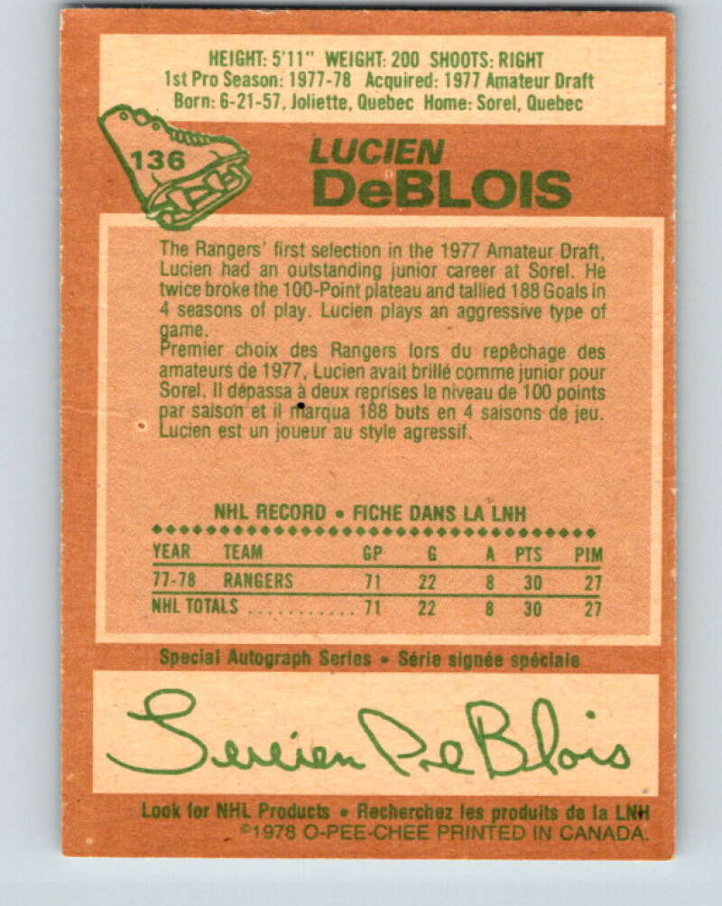 1978-79 O-Pee-Chee #136 Lucien DeBlois RC Rookie Rangers V22829