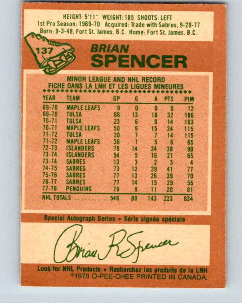 1978-79 O-Pee-Chee #137 Brian Spencer Pittsburgh Penguins V22834