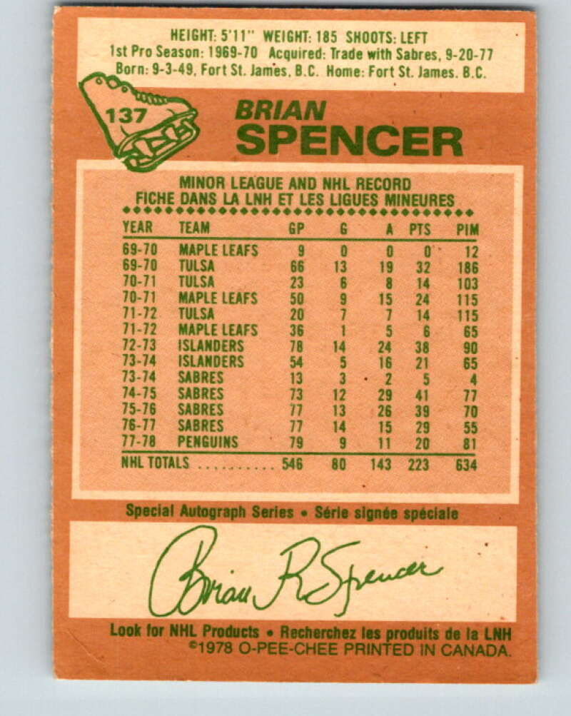 1978-79 O-Pee-Chee #137 Brian Spencer Pittsburgh Penguins V22835