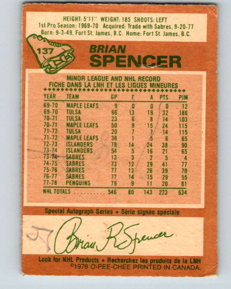 1978-79 O-Pee-Chee #137 Brian Spencer Pittsburgh Penguins V22836