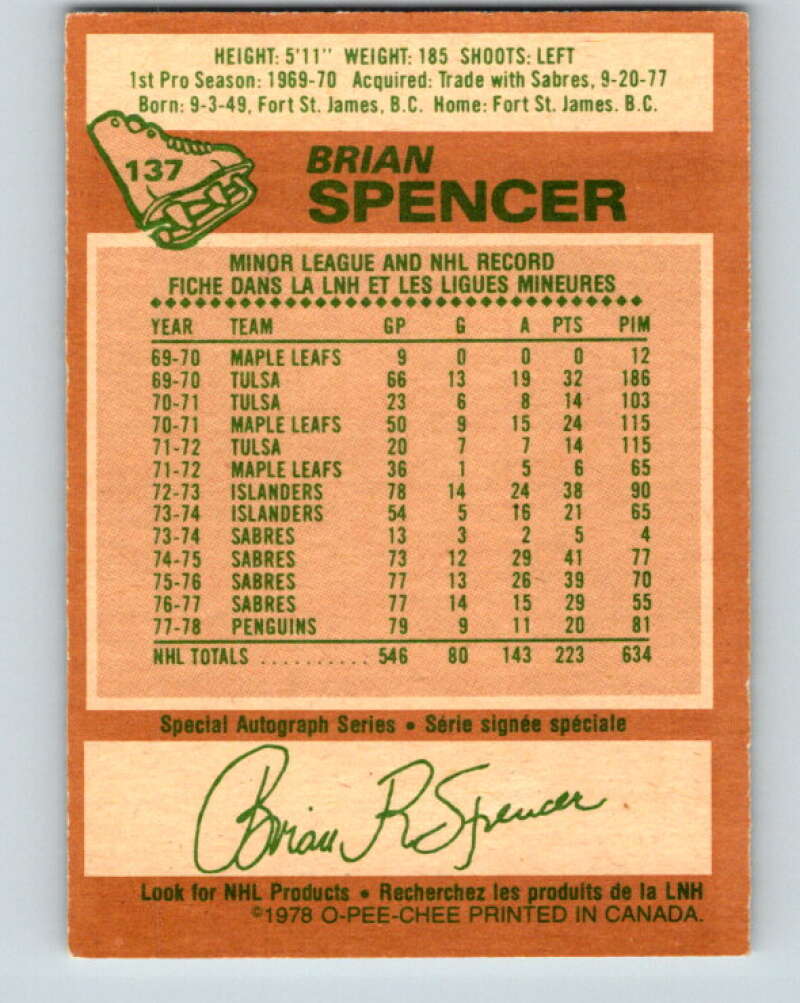 1978-79 O-Pee-Chee #137 Brian Spencer Pittsburgh Penguins V22839