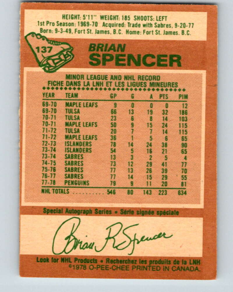 1978-79 O-Pee-Chee #137 Brian Spencer Pittsburgh Penguins V22840