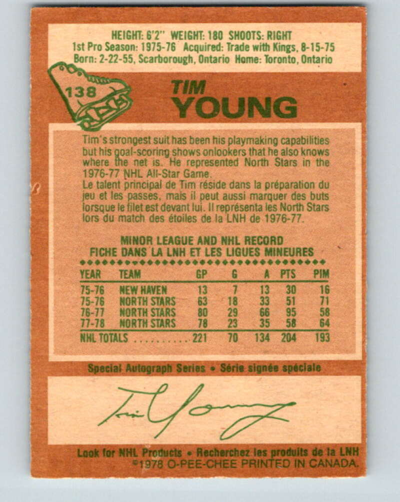 1978-79 O-Pee-Chee #138 Tim Young Minnesota North Stars V22843