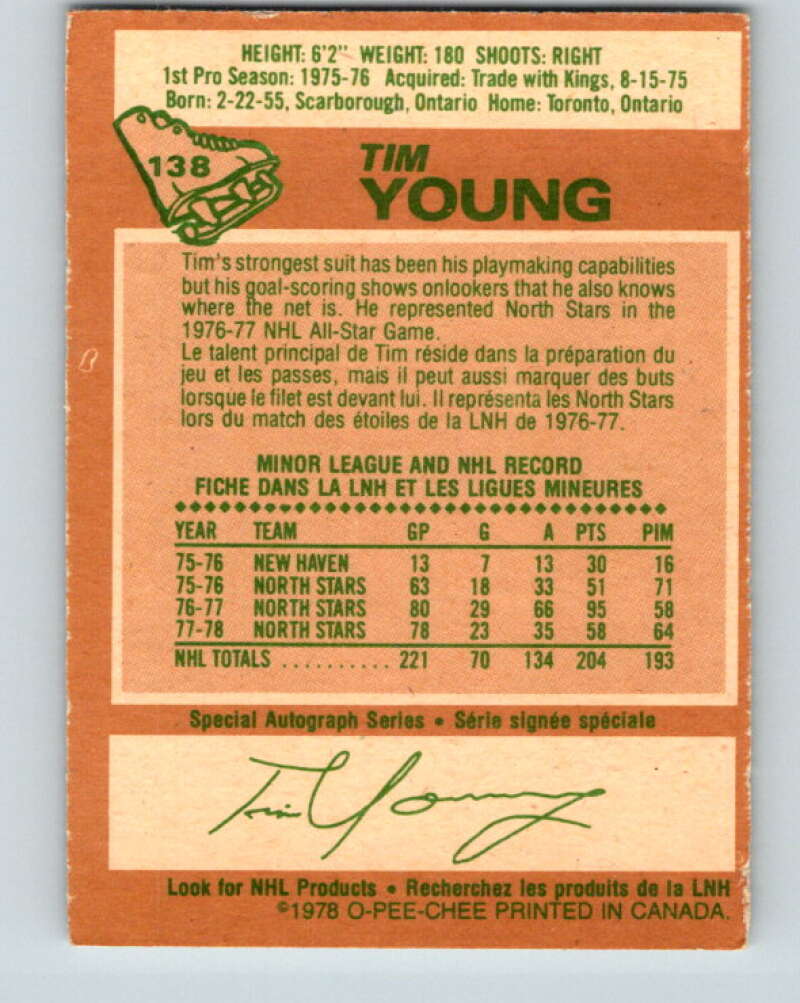 1978-79 O-Pee-Chee #138 Tim Young Minnesota North Stars V22844