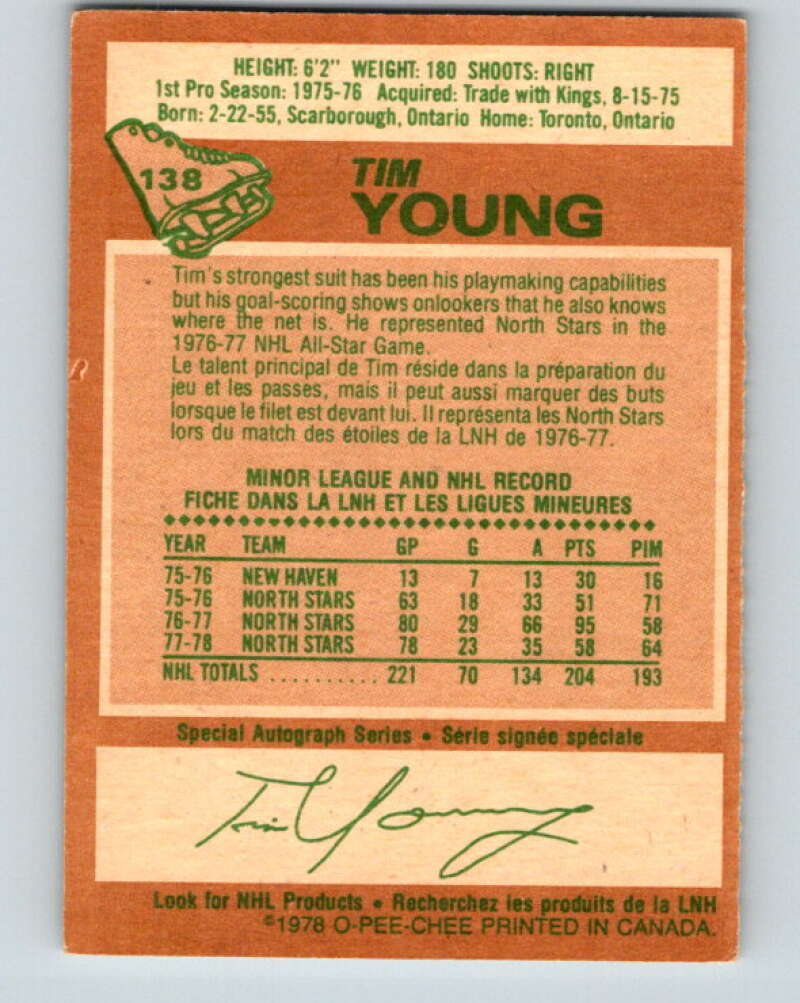 1978-79 O-Pee-Chee #138 Tim Young Minnesota North Stars V22845