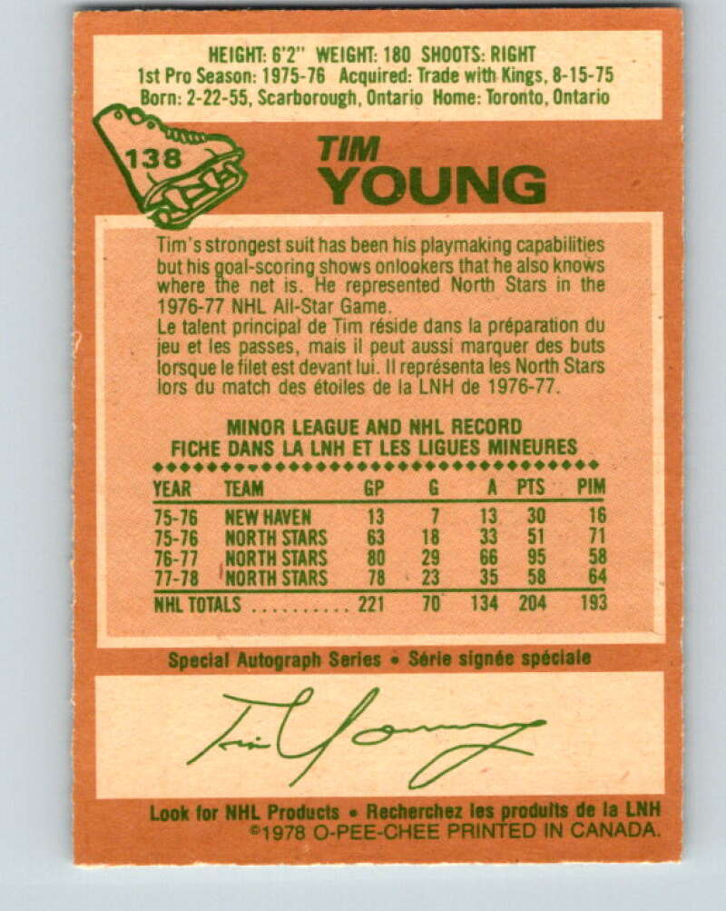 1978-79 O-Pee-Chee #138 Tim Young Minnesota North Stars V22852