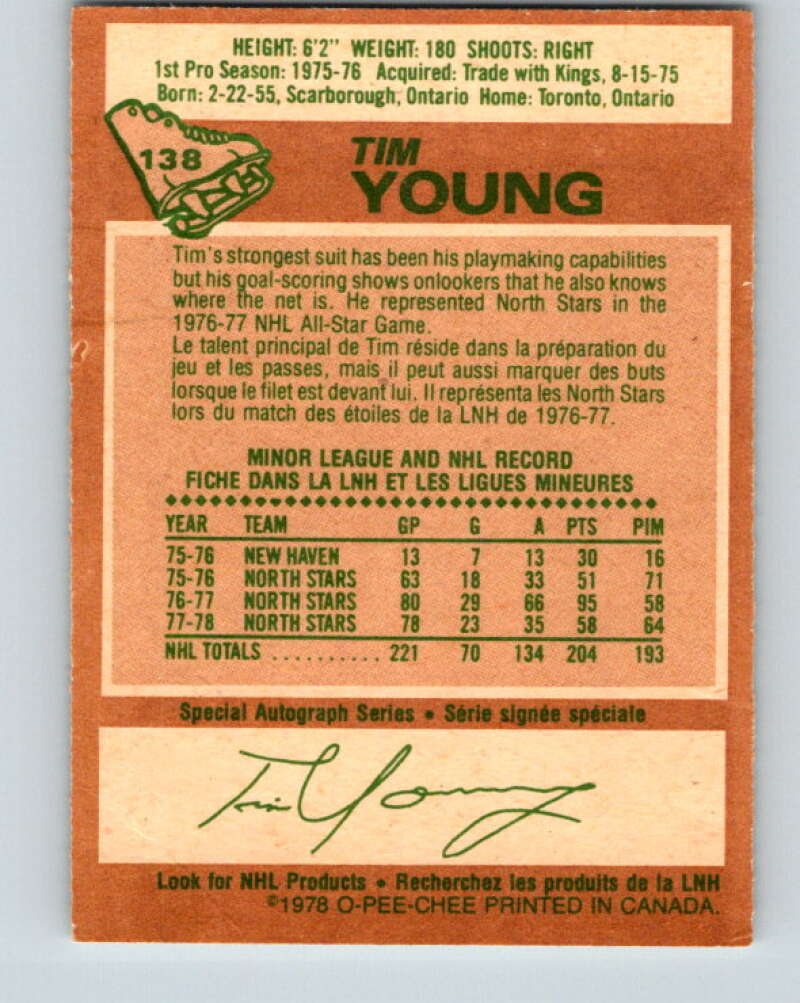 1978-79 O-Pee-Chee #138 Tim Young Minnesota North Stars V22855